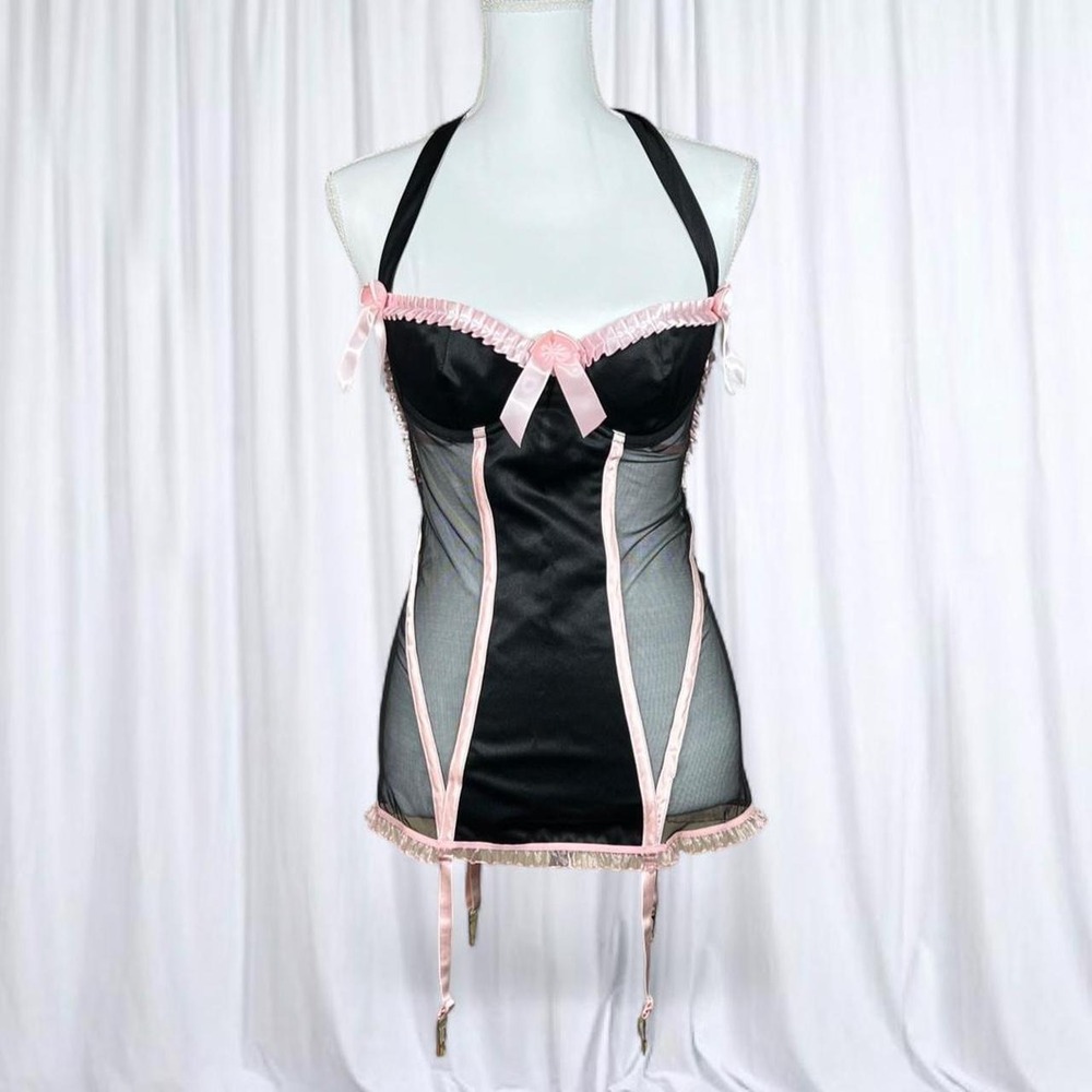 Shirley's of Hollywood Pink Black Lace Bustier Lingerie Vintage Corset